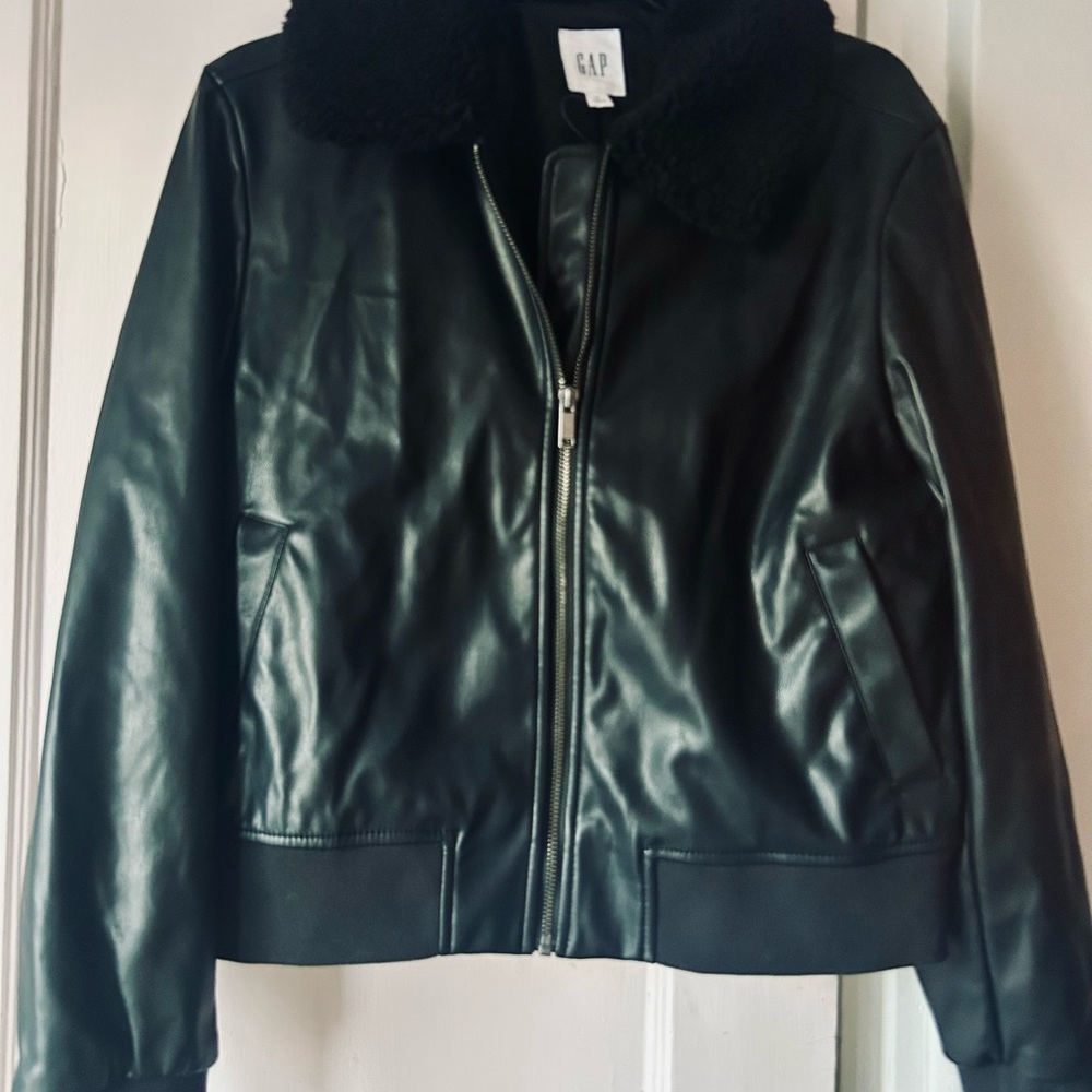 GAP Women's Black Faux Leather Jacket with Sherpa Collar